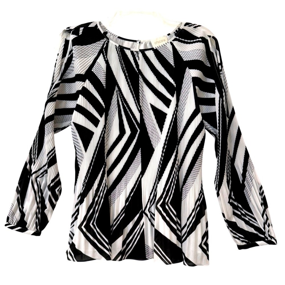 Chicos Black White Geometric Pleated Cold Shoulder Blouse Top Lined Sz 1 / US M